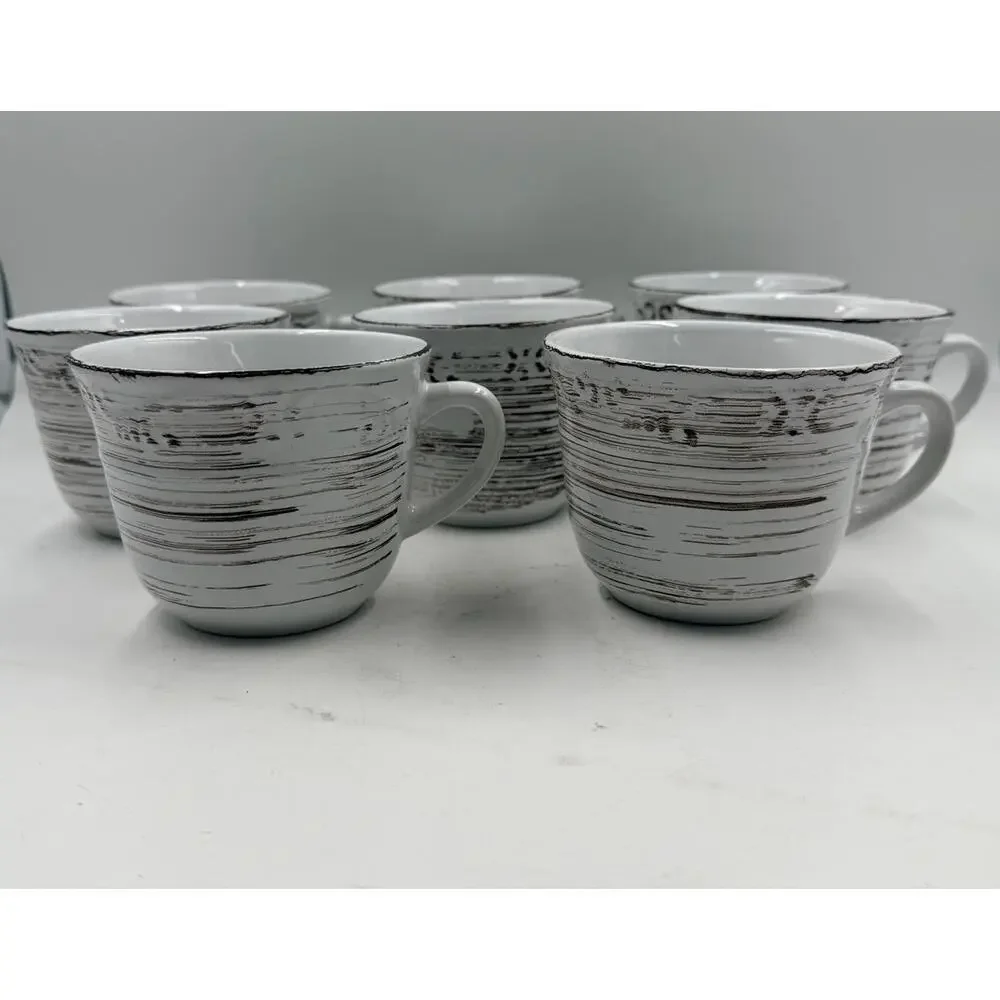 Lot of 8 Pfaltzgraff White TRELLIS w Brown Rustic Stripes Ceramic Coffee Mugs